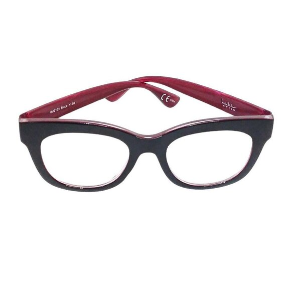 NICOLE MILLER WOMEN'S READING GLASSES +1.50 - BLACK & BURGUNDY OVAL SHAPED FRAME - Picture 1 of 1